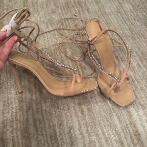 SCHUTZ Elegant Tan Strappy Heels with Rhinestone Detailing